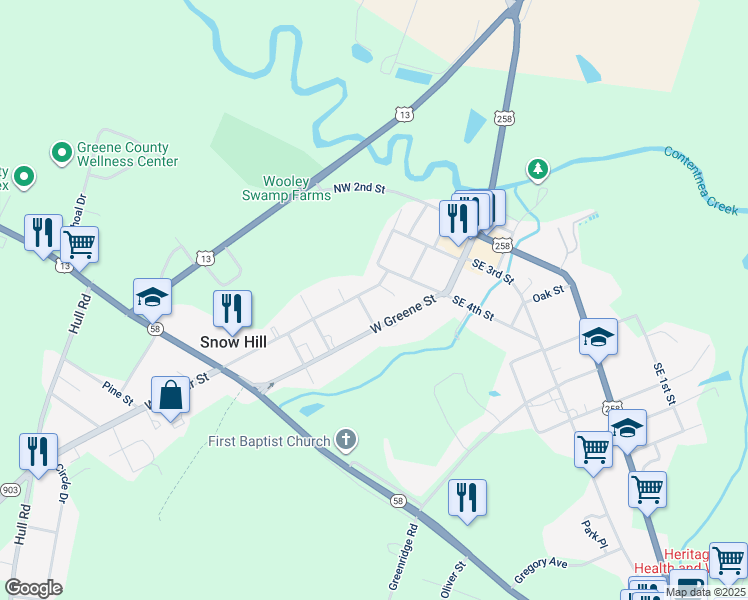 map of restaurants, bars, coffee shops, grocery stores, and more near 108 West Harper Street in Snow Hill
