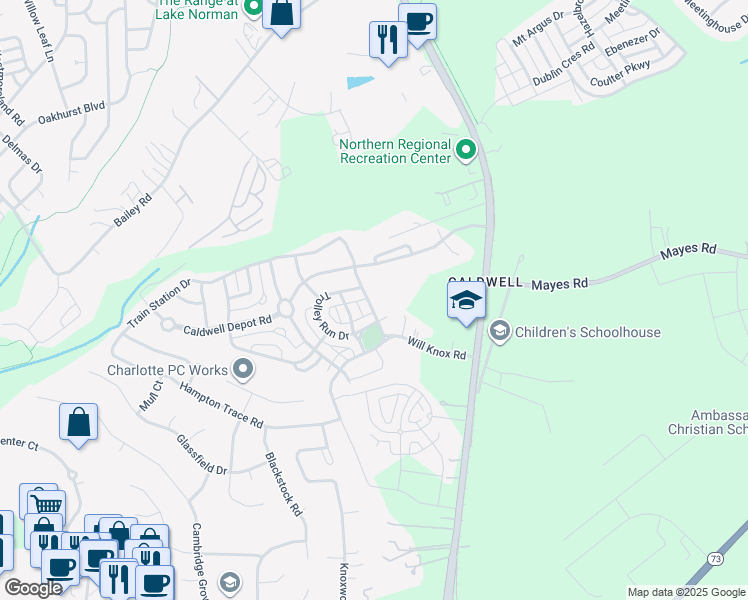 map of restaurants, bars, coffee shops, grocery stores, and more near 17672 Caldwell Track Drive in Cornelius