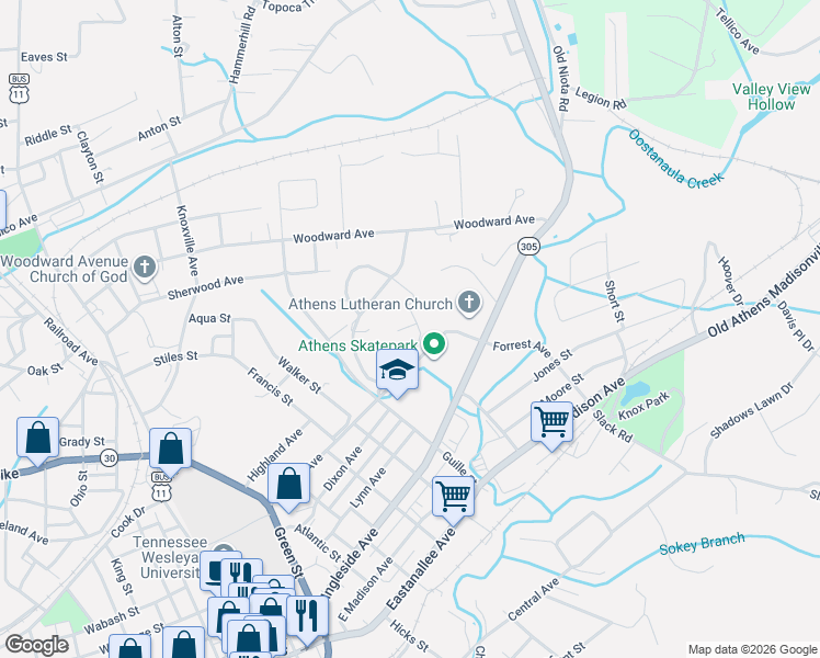 map of restaurants, bars, coffee shops, grocery stores, and more near 300 Forrest Park Drive in Athens
