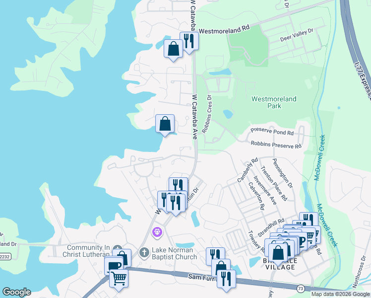 map of restaurants, bars, coffee shops, grocery stores, and more near in Cornelius
