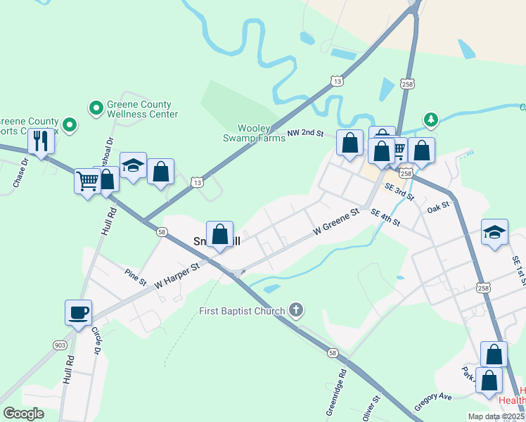 map of restaurants, bars, coffee shops, grocery stores, and more near 410 6th Street in Snow Hill