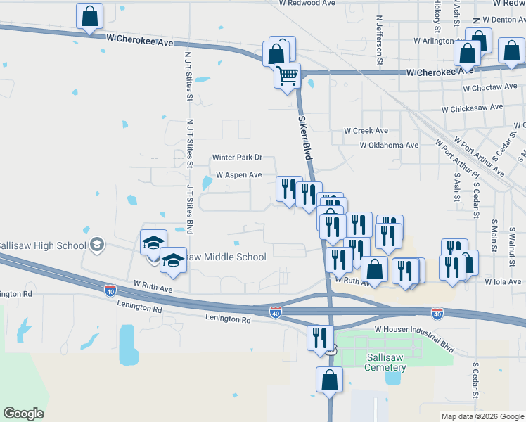 map of restaurants, bars, coffee shops, grocery stores, and more near West Breckenridge Avenue in Sallisaw
