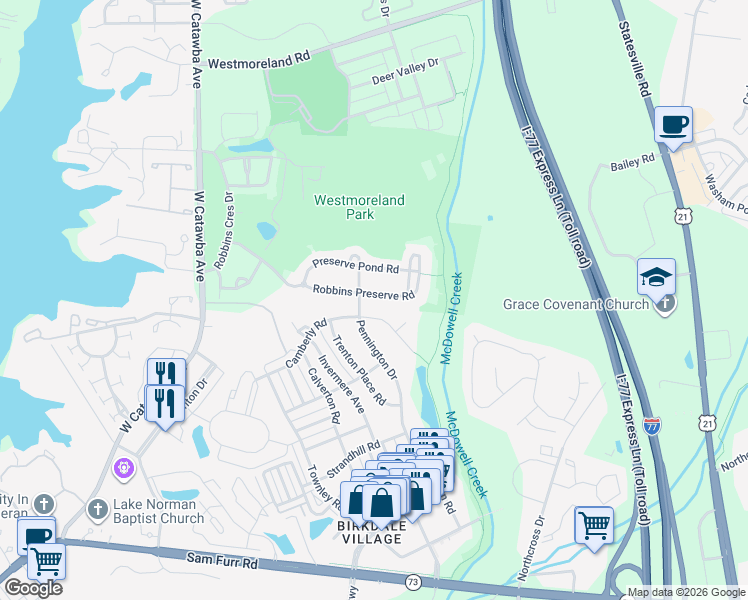 map of restaurants, bars, coffee shops, grocery stores, and more near 8629 Camberly Road in Huntersville