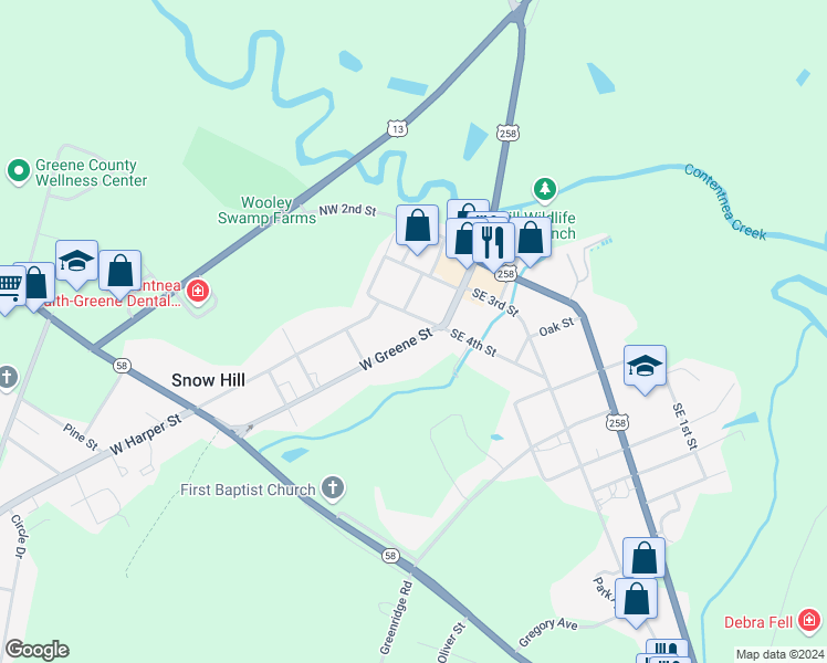 map of restaurants, bars, coffee shops, grocery stores, and more near 103 North Greene Street in Snow Hill