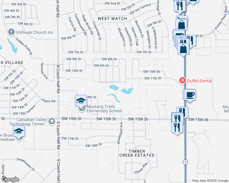 map of restaurants, bars, coffee shops, grocery stores, and more near 1233 Hickory Creek Drive in Yukon