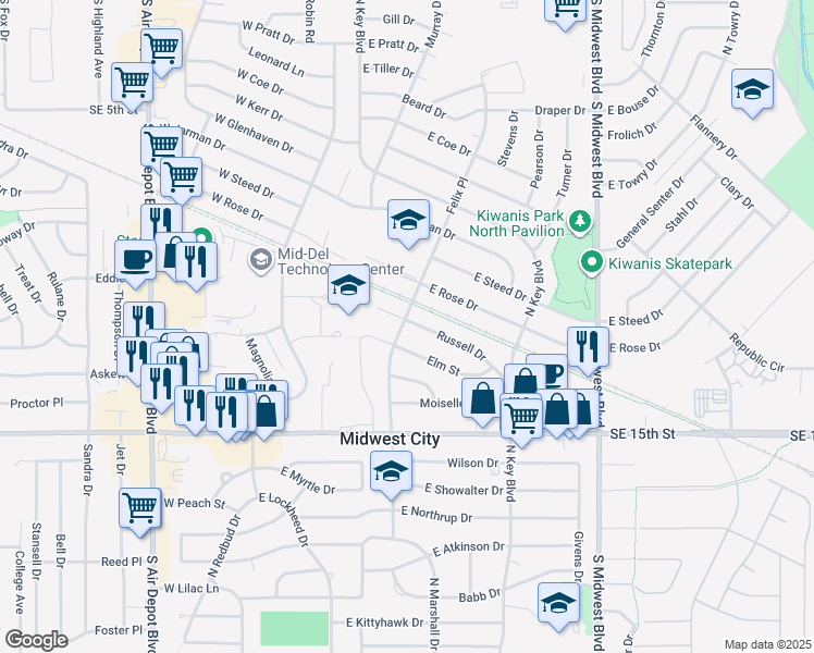 map of restaurants, bars, coffee shops, grocery stores, and more near 300 Russell Drive in Midwest City