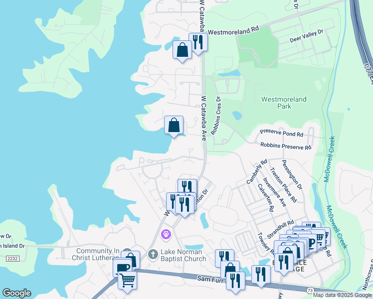map of restaurants, bars, coffee shops, grocery stores, and more near 17529 Tuscany Lane in Cornelius