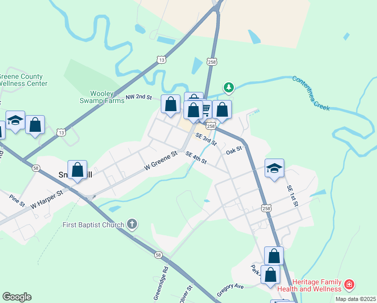 map of restaurants, bars, coffee shops, grocery stores, and more near 104 Southeast 4th Street in Snow Hill