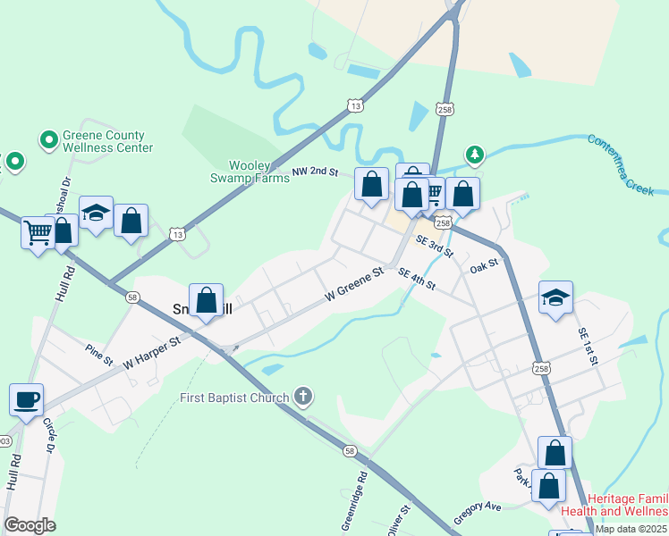 map of restaurants, bars, coffee shops, grocery stores, and more near 106 West Harper Street in Snow Hill