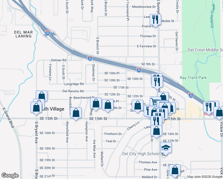 map of restaurants, bars, coffee shops, grocery stores, and more near 3912 Southeast 12th Street in Del City