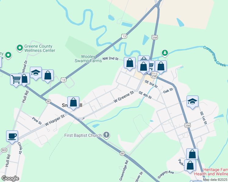 map of restaurants, bars, coffee shops, grocery stores, and more near 108 West Harper Street in Snow Hill