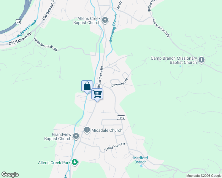 map of restaurants, bars, coffee shops, grocery stores, and more near 47 Bonnies Lane in Waynesville