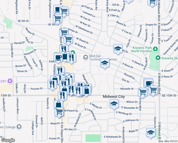 map of restaurants, bars, coffee shops, grocery stores, and more near 1447 Maple Drive in Midwest City