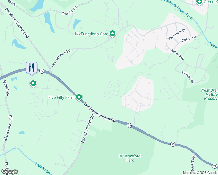 map of restaurants, bars, coffee shops, grocery stores, and more near 17440 Davidson-Concord Road in Davidson
