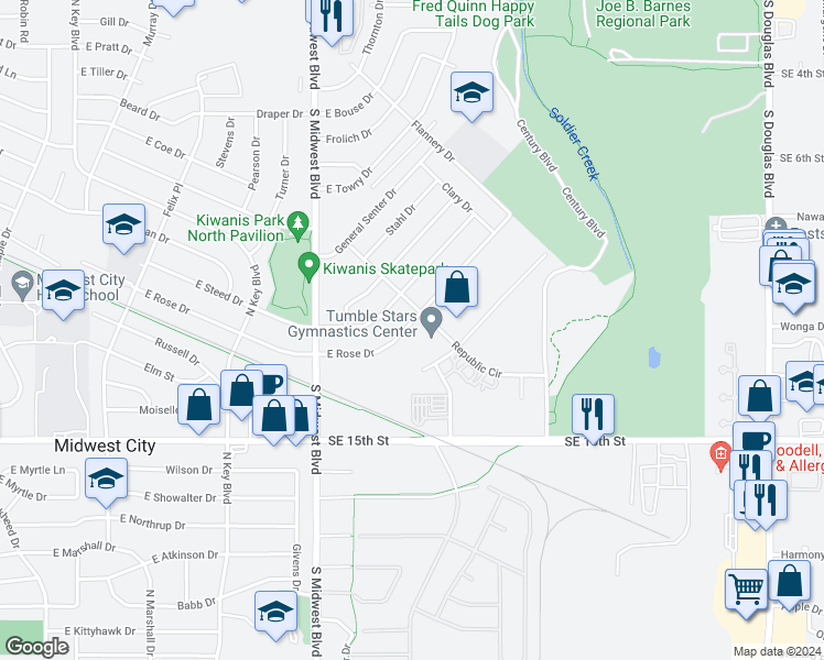 map of restaurants, bars, coffee shops, grocery stores, and more near 764 East Rose Drive in Midwest City