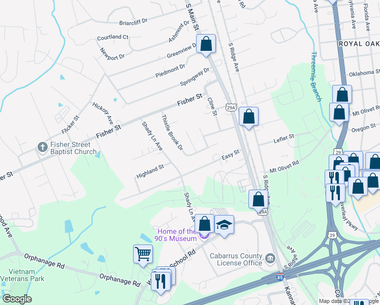 map of restaurants, bars, coffee shops, grocery stores, and more near 2707 Thistle Brook Drive in Concord