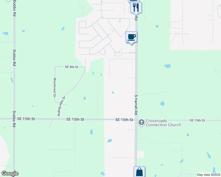map of restaurants, bars, coffee shops, grocery stores, and more near 1201 South Harrah Road in Harrah