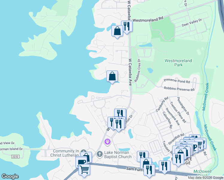 map of restaurants, bars, coffee shops, grocery stores, and more near in Cornelius