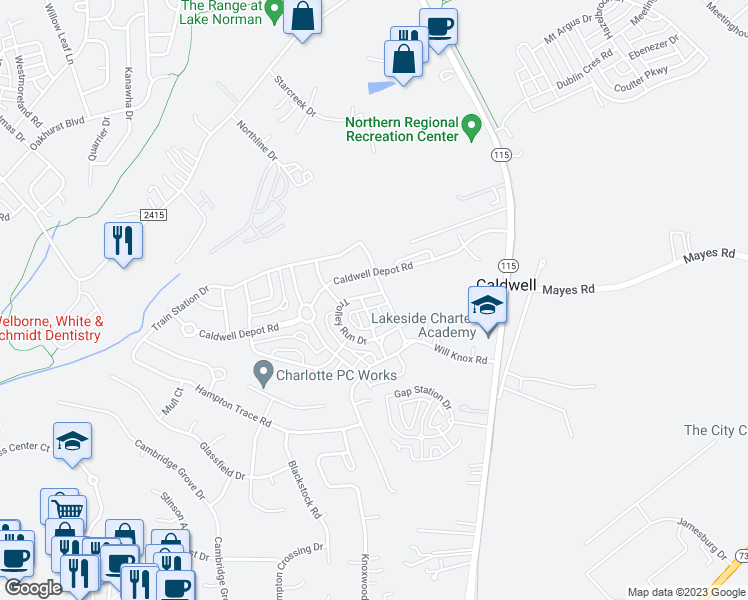 map of restaurants, bars, coffee shops, grocery stores, and more near 10732 Trolley Run Drive in Cornelius