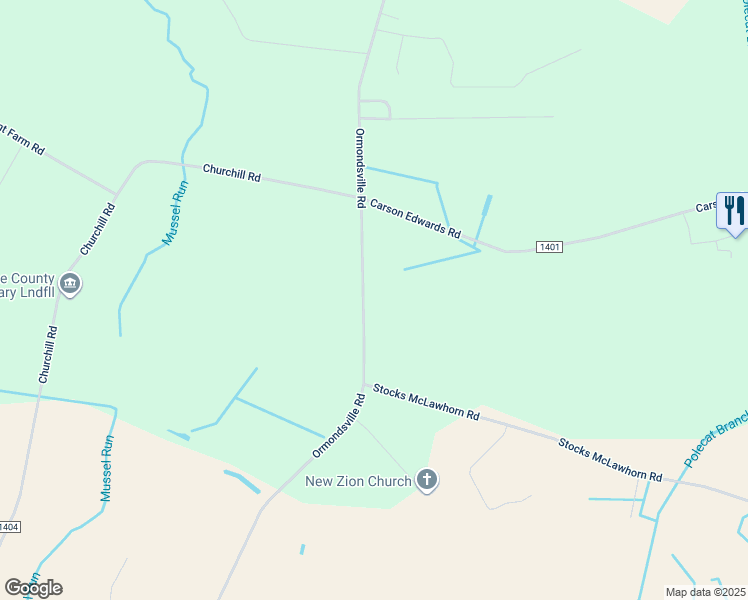 map of restaurants, bars, coffee shops, grocery stores, and more near 2392 Ormondsville Road in Hookerton
