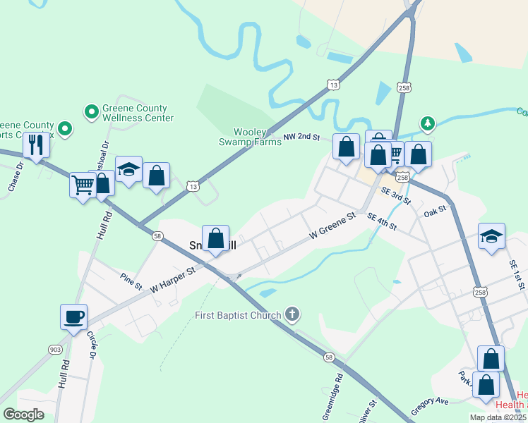 map of restaurants, bars, coffee shops, grocery stores, and more near 421 6th Street in Snow Hill