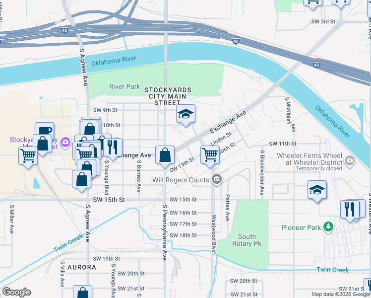 map of restaurants, bars, coffee shops, grocery stores, and more near 1701 Exchange Avenue in Oklahoma City