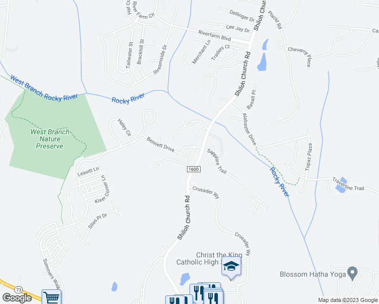 map of restaurants, bars, coffee shops, grocery stores, and more near 2849 Bivins Street in Davidson