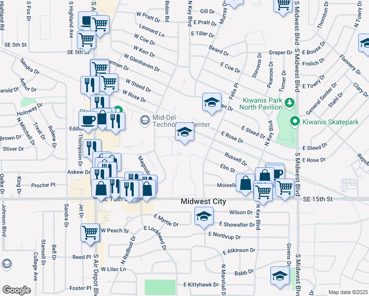 map of restaurants, bars, coffee shops, grocery stores, and more near 213 Elm Street in Midwest City