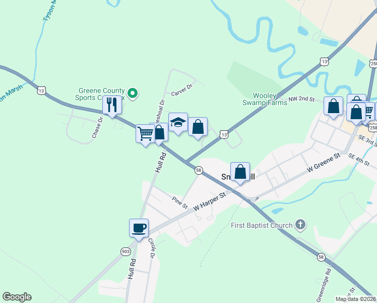 map of restaurants, bars, coffee shops, grocery stores, and more near 301 Kingold Boulevard in Snow Hill