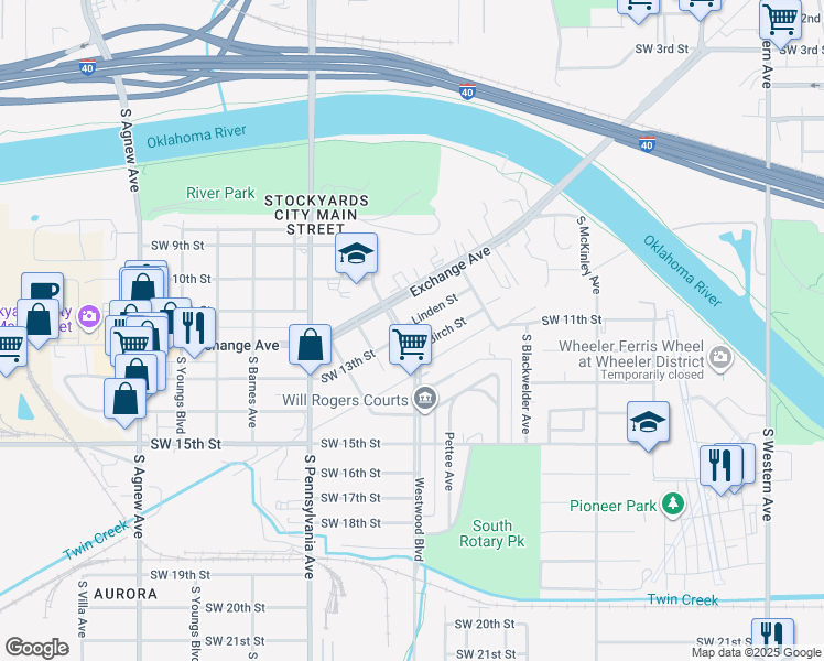 map of restaurants, bars, coffee shops, grocery stores, and more near 1627 Linden Street in Oklahoma City