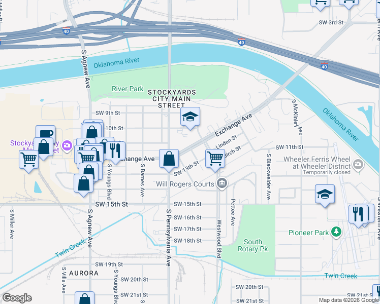 map of restaurants, bars, coffee shops, grocery stores, and more near 1701 Exchange Avenue in Oklahoma City