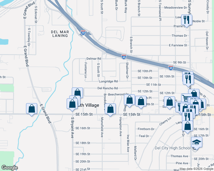 map of restaurants, bars, coffee shops, grocery stores, and more near 3217 Longridge Road in Del City