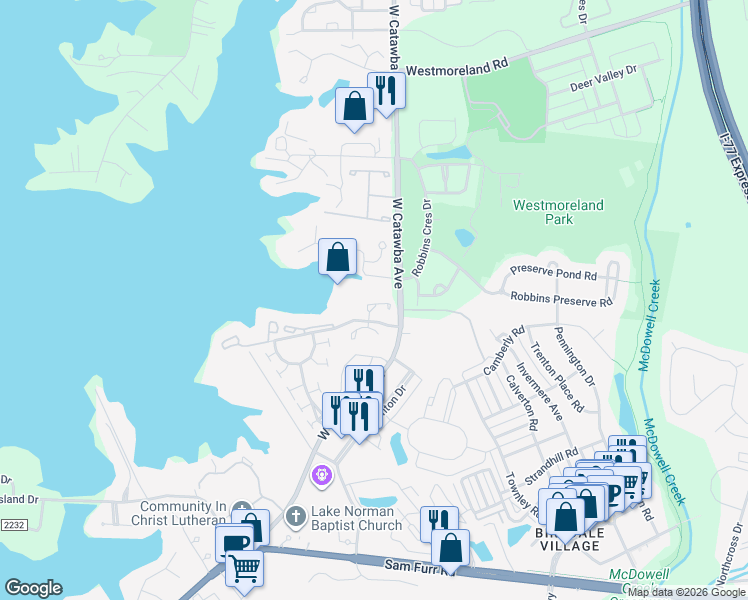 map of restaurants, bars, coffee shops, grocery stores, and more near 18805 Bluff Point Road in Cornelius