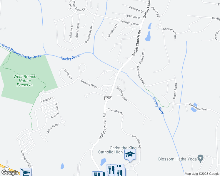 map of restaurants, bars, coffee shops, grocery stores, and more near 2850 Bivins Street in Davidson