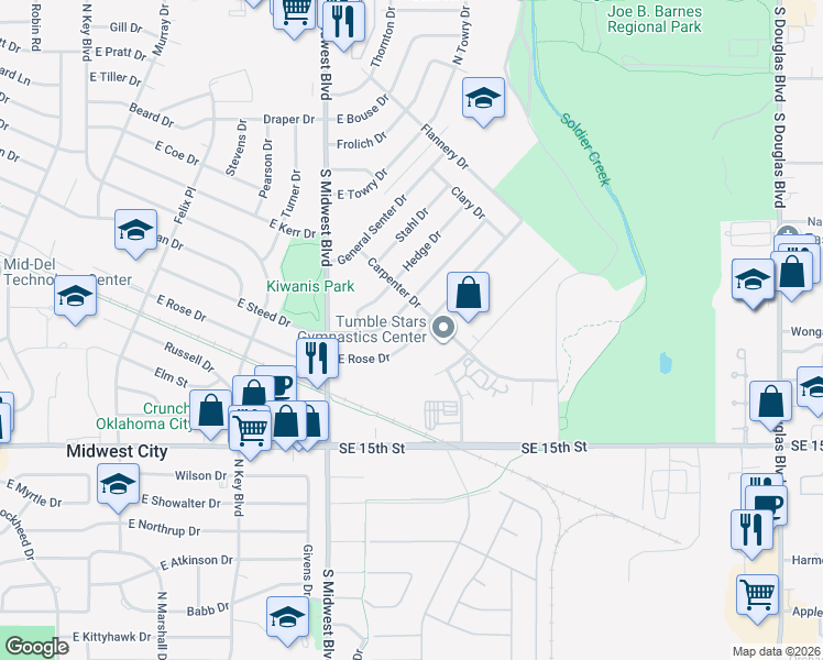 map of restaurants, bars, coffee shops, grocery stores, and more near 801 East Rose Drive in Midwest City