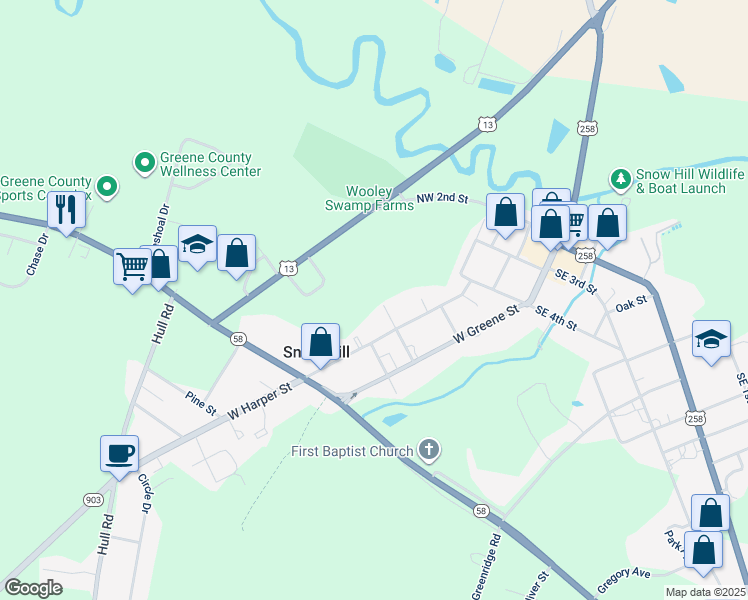 map of restaurants, bars, coffee shops, grocery stores, and more near 206 6th Street in Snow Hill