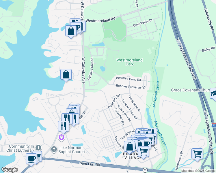 map of restaurants, bars, coffee shops, grocery stores, and more near 8505 Preserve Pond Road in Cornelius