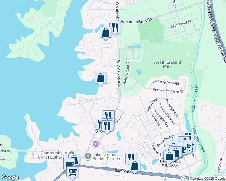 map of restaurants, bars, coffee shops, grocery stores, and more near 18805 Bluff Point Road in Cornelius