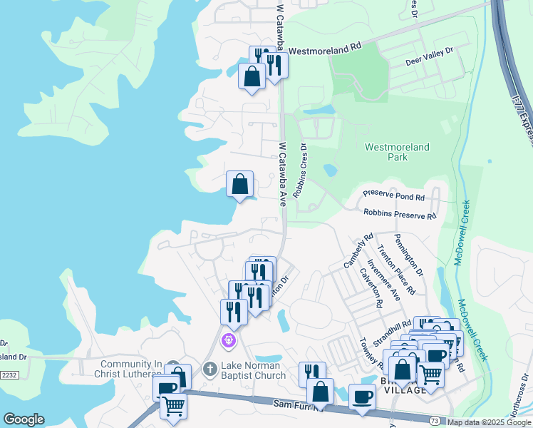 map of restaurants, bars, coffee shops, grocery stores, and more near 17553 Tuscany Lane in Cornelius