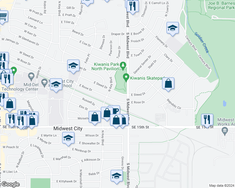 map of restaurants, bars, coffee shops, grocery stores, and more near 516 East Steed Drive in Midwest City