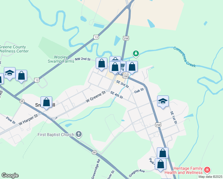 map of restaurants, bars, coffee shops, grocery stores, and more near 103 North Greene Street in Snow Hill