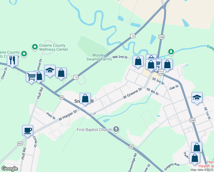 map of restaurants, bars, coffee shops, grocery stores, and more near 417 6th Street in Snow Hill
