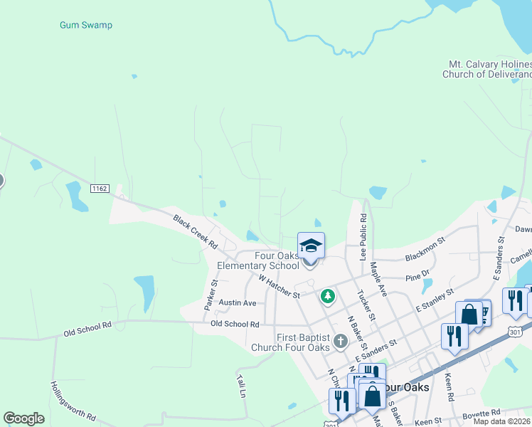 map of restaurants, bars, coffee shops, grocery stores, and more near 130 Pecan Valley Way in Johnston County