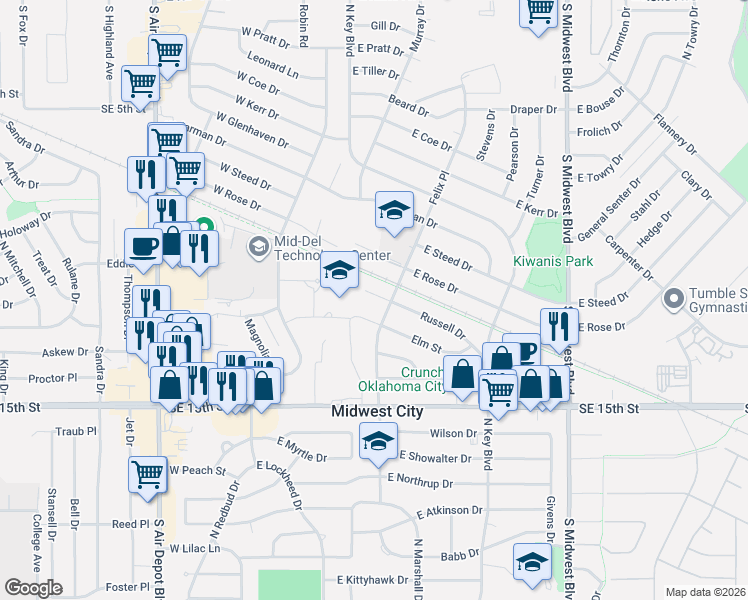 map of restaurants, bars, coffee shops, grocery stores, and more near 237 Russell Drive in Midwest City