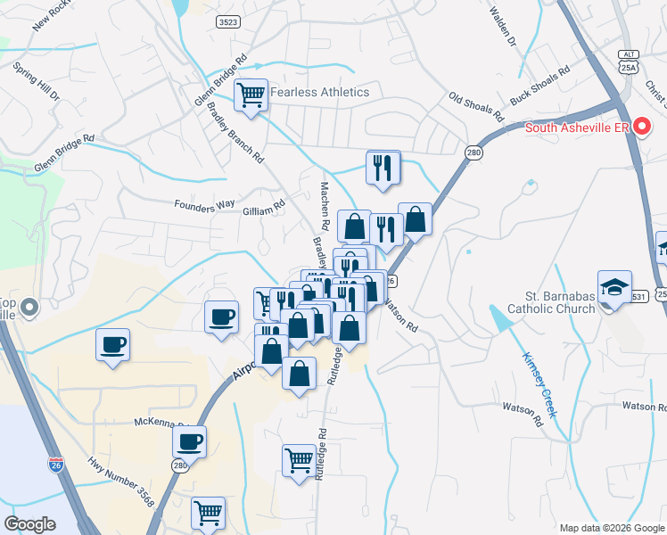 map of restaurants, bars, coffee shops, grocery stores, and more near 46 Bradley Branch Road in Arden