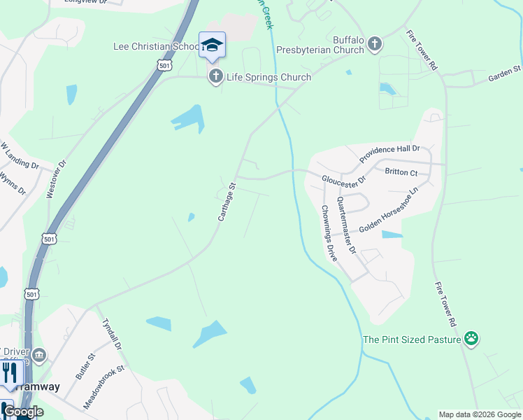 map of restaurants, bars, coffee shops, grocery stores, and more near Gloucester Drive in Sanford