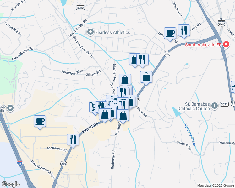 map of restaurants, bars, coffee shops, grocery stores, and more near 46 Bradley Branch Road in Arden