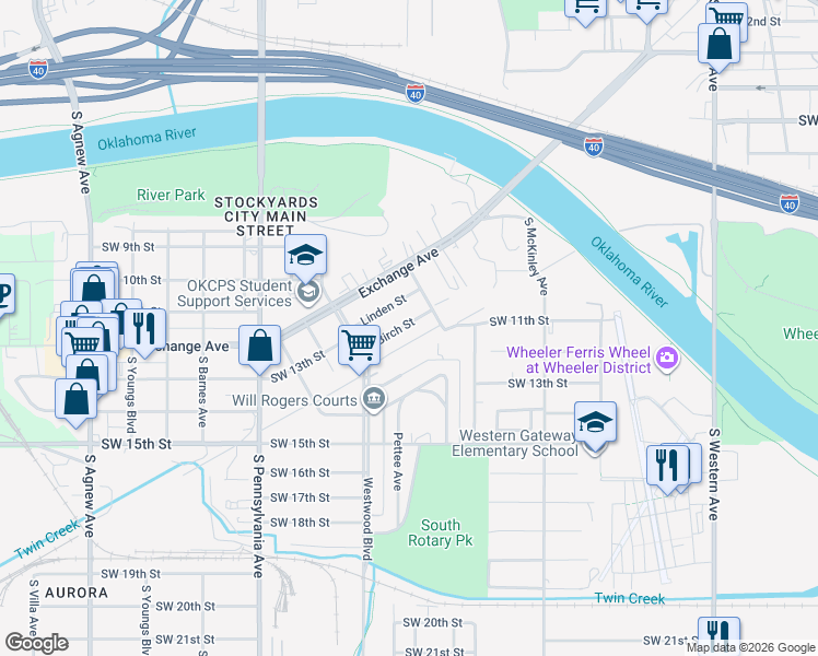 map of restaurants, bars, coffee shops, grocery stores, and more near 1609 Birch Street in Oklahoma City
