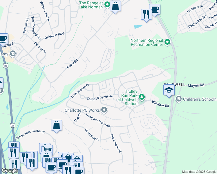map of restaurants, bars, coffee shops, grocery stores, and more near 10038 Switchyard Drive in Cornelius