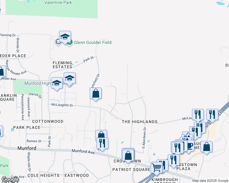 map of restaurants, bars, coffee shops, grocery stores, and more near 311 North Gretna Green Drive in Munford